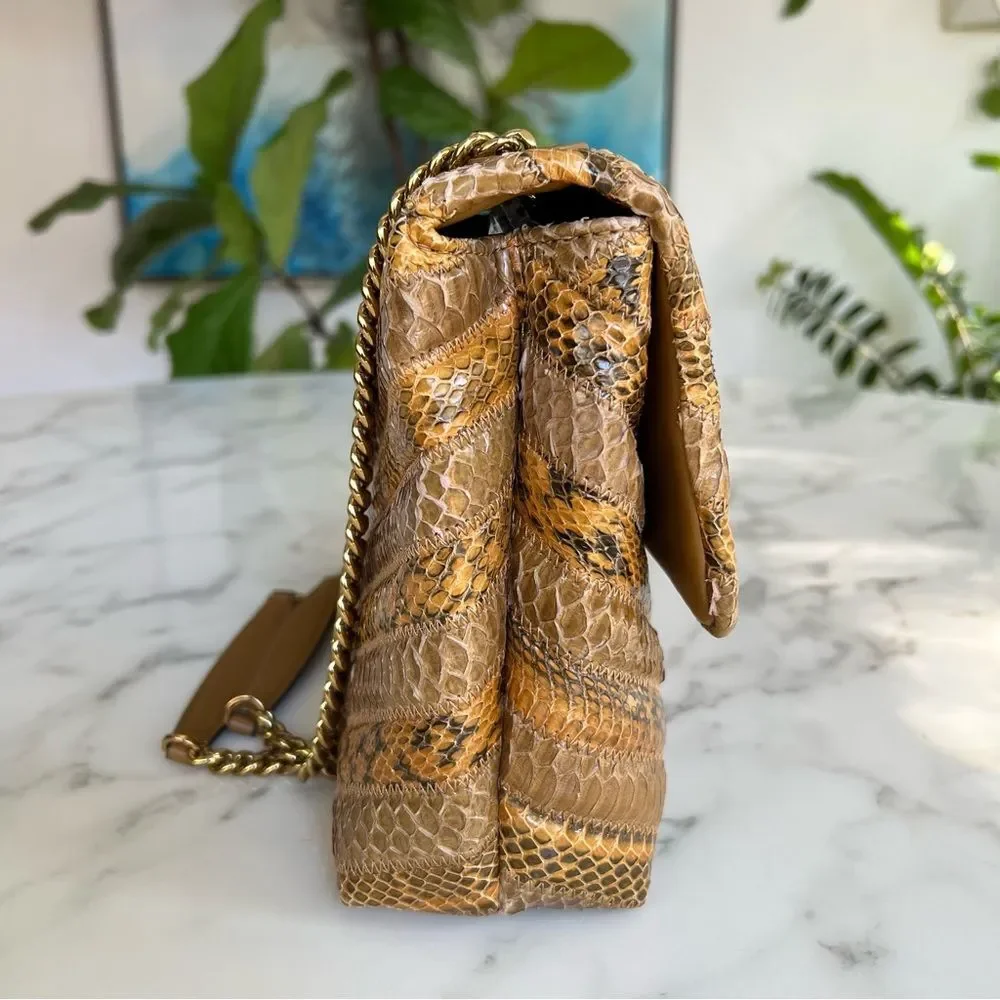 Tory Burch Kira Chevron Exotic Snakeskin Leather Convertible Shoulder Bag Tan